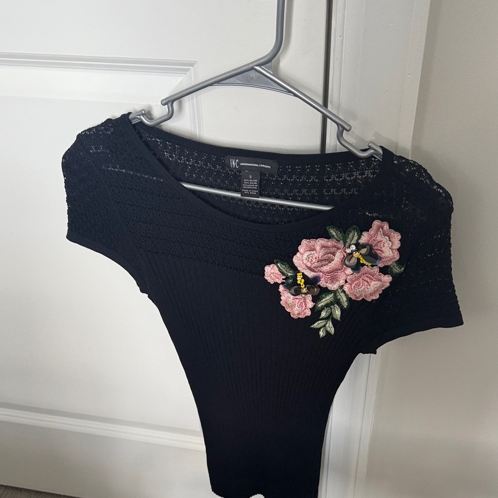 INC International Concepts Black Top with Pink Floral Detail